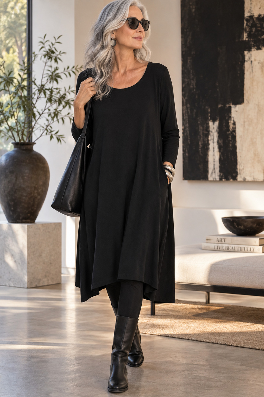 Eileen Fisher Plus Sz 3X Black Stretch Knit Tunic Dress Long Sleeve Made USA